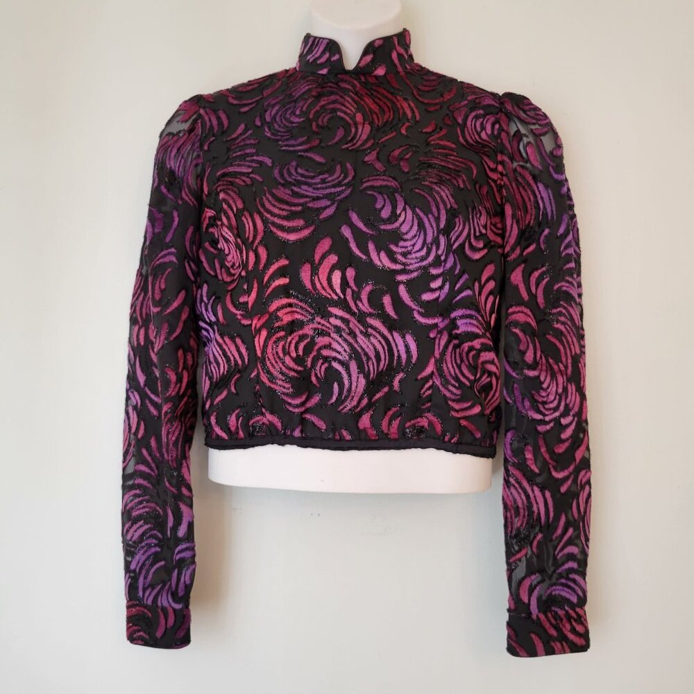 Vintage Hobby Horse Long Sleeve Floral Crop Top Size L Semi‎ Sheer Show USA